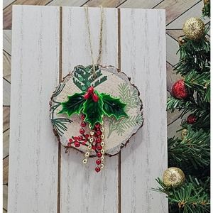 Pine w/Holly and Red/Gold Accents Wooden Disk Holly Ornament/Gift Tag, 2.5 inch